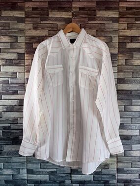 Vintage Men's 2XL Tem Tex White Shirt with Pink Stripes Western Button-Down